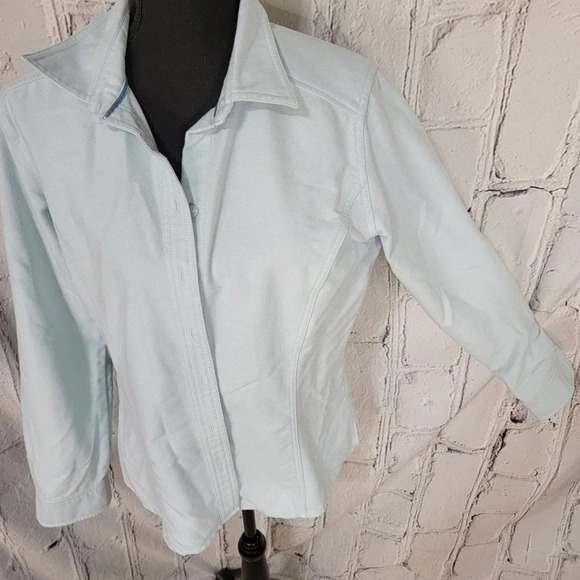 EDDIE Bauer Light Baby Blue Button Up Brushed Flannel Soft Shacket Shirt L - Picture 2 of 11